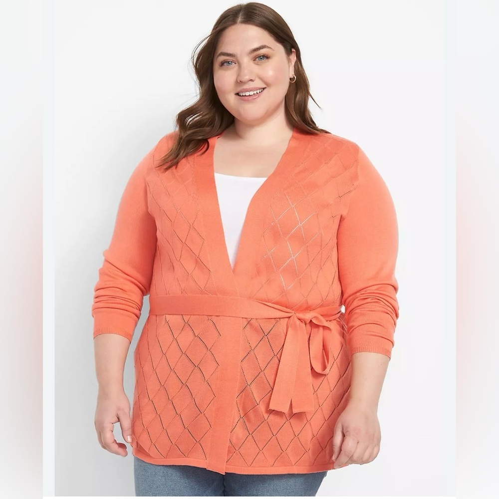 LANE BRYANT Career/Cottage Diamond Pointelle Knit Tie Belt Melon Cardigan 22/24